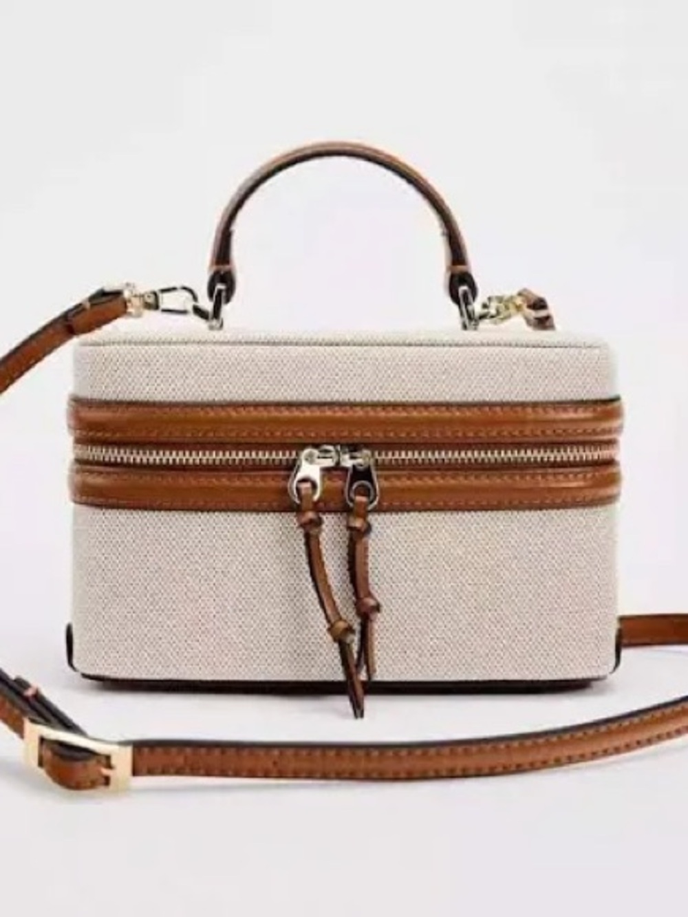 Zara Classic Canvas and Tan Leather Vanity Crossbody Bag